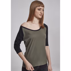 Urban Classics Ladies 3/4 Contrast Raglan Tee, T-shirt, Adult, Female, Black, Olive, Monochromatic, 5XL