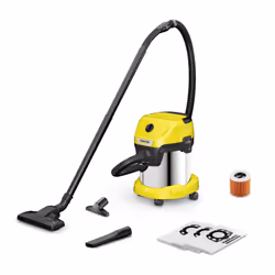Kärcher WD 3 S, 1000 W, Drum vacuum, Dry&wet, Dust bag, 15 L, Black, Stainless steel, Yellow