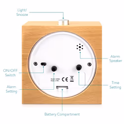 Navaris Analogue Wood Alarm Clock - Retro Table Clock Square Design Snooze Function Clock Face Alarm Light - Natural Wood in Light Brown