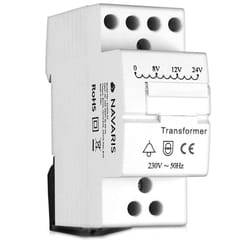 Door Bell Transformer 8V 12V 24V - for Wired Doorbell Chimes - DIN Rail Mountable 8VA 230V Mains Converter 8/12/24 Volts Output - White