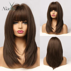 ALAN EATON Synthetic Wig for Black Women Girl Natural Medium Wavy Dark Brown Wig With Bangs Cosplay Party Heat Resistant Hair