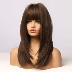 ALAN EATON Synthetic Wig for Black Women Girl Natural Medium Wavy Dark Brown Wig With Bangs Cosplay Party Heat Resistant Hair