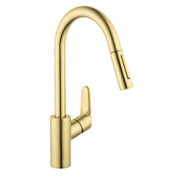hansgrohe Focus Gold High Arc Kitchen Faucet  Kitchen Faucets with Pull Down Sprayer  Faucet for Kitchen Sink  Magnetic Docking Spray Head  Brushed Go