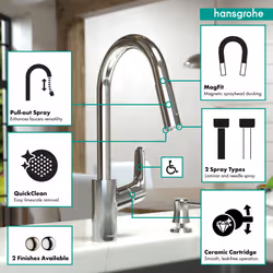 hansgrohe Focus Gold High Arc Kitchen Faucet  Kitchen Faucets with Pull Down Sprayer  Faucet for Kitchen Sink  Magnetic Docking Spray Head  Brushed Go
