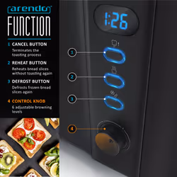 Frukost 4 slice long slot toaster, Double wall housing, with warming rack, 6 Browning settings, auto bread centring, Reheat Defrost Cancel function,
