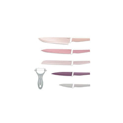 Knives and Peeler Set 5 Stainless Steel Kitchen Knife 1 Ceramic Blade Peeler Pastel Colour Set with Bread Knife Paring Knife and More