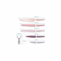 Knives and Peeler Set 5 Stainless Steel Kitchen Knife 1 Ceramic Blade Peeler Pastel Colour Set with Bread Knife Paring Knife and More
