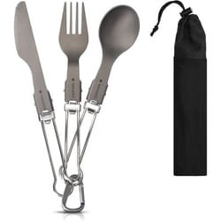 Navaris Titanium Camping Cutlery Set - Lightweight Foldable Metal Silverware for Backpacking, Hiking - Knife, Fork and Spoon with Carabiner and Bag