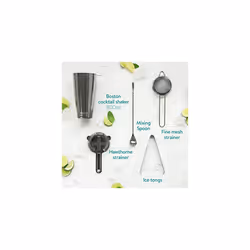 Navaris Cocktail Mixing Set (11 Pieces) - Stainless Steel Cocktail Shaker Set w/Boston Shaker, Strainers, Muddler, Home Bar Accessories - Dark Grey