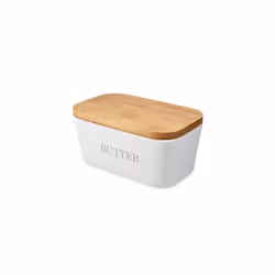 Navaris Butter Dish with Lid - Ceramic Butter Holder with Airtight Wooden Lid - Butter Container with Bamboo Wood Cover - Cre ...