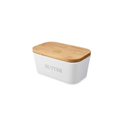 Navaris Butter Dish with Lid - Ceramic Butter Holder with Airtight Wooden Lid - Butter Container with Bamboo Wood Cover - Cream Colour with Word