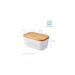 Navaris Butter Dish with Lid - Ceramic Butter Holder with Airtight Wooden Lid - Butter Container with Bamboo Wood Cover - Cream Colour with Word