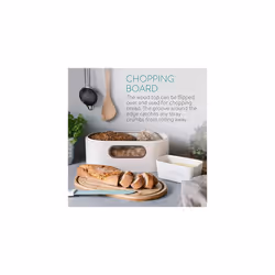 Bread Bin with Bamboo Lid Cream Colour Metal Storage Container with Window and Wooden Chopping Board Lid Vintage Style Kitchen Box Tin