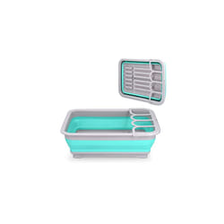 Collapsible Dish Drainer - Foldable Portable Dish Rack for Drying Plates, Dishes, Cutlery - Folding Camping Drainer for Caravans - Grey/Blue