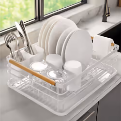 Dish Drainer Rack - Plate, Cutlery, Pots and Pans Drying Rack for Kitchen with Beechwood Handles - Modern Retro Design Drip T ...
