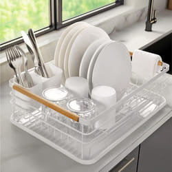 Dish Drainer Rack - Plate, Cutlery, Pots and Pans Drying Rack for Kitchen with Beechwood Handles - Modern Retro Design Drip Tray - White