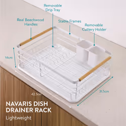 Dish Drainer Rack - Plate, Cutlery, Pots and Pans Drying Rack for Kitchen with Beechwood Handles - Modern Retro Design Drip Tray - White