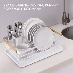 Dish Drainer Rack - Plate, Cutlery, Pots and Pans Drying Rack for Kitchen with Beechwood Handles - Modern Retro Design Drip Tray - White