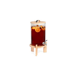 Glass Drinks Dispenser with Tap - 7 Litre Drink Jar with Spigot, Lid and Beechwood Stand for Hot or Cold Beverages, Ice Water for Parties