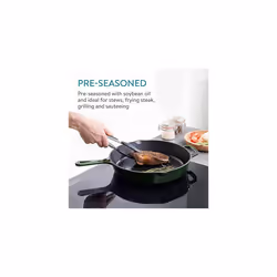 Navaris Cast Iron Flat Griddle Pan - Enamelled Cast Iron Cooking Pan for Frying Meat, Veg, Eggs - 30cm Round Skillet - Green
