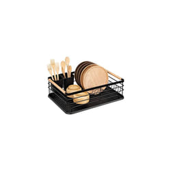 Navaris Dish Drainer Rack - Plate, Cutlery, Pots and Pans Drying Rack for Kitchen with Beechwood Handles - Modern Retro Design Drip Tray - Black