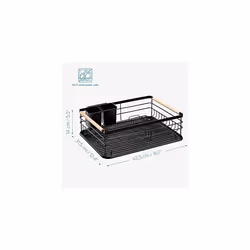 Navaris Dish Drainer Rack - Plate, Cutlery, Pots and Pans Drying Rack for Kitchen with Beechwood Handles - Modern Retro Design Drip Tray - Black