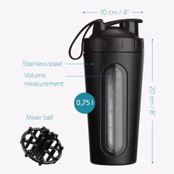 Stainless Steel Protein Shaker - 750ml Metal Nutrition Protein Fuel Drink Bottle with Mixer Blend Ball - 0.75 Litre Protein Shaker - Black