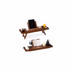 Bed and Bath Tray - Wooden Rack with Folding Legs - Bamboo Bathtub Caddy Bridge Shelf with Book or Tablet Stand - Brown