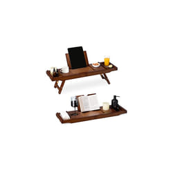 Bed and Bath Tray - Wooden Rack with Folding Legs - Bamboo Bathtub Caddy Bridge Shelf with Book or Tablet Stand - Brown