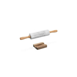 Navaris Marble Rolling Pin and Stand - Set Includes Marble Rolling Pin with Wooden Handles and Stand - For Kitchen, Baking, Dough, Fondant - Whit