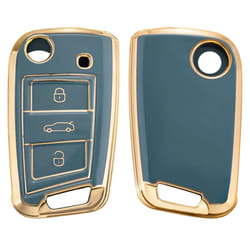 Key Cover Compatible with VW Golf 7 MK7 3 Button Car Key - Car Key Fob Case Protector - Blue/Gold