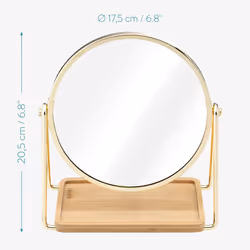 Tabletop Mirror with Tray - Double-Sided 1x/2x Magnifying Makeup Mirror with Bamboo Base - For Dressing Table, Bathroom, Bedroom - Gold