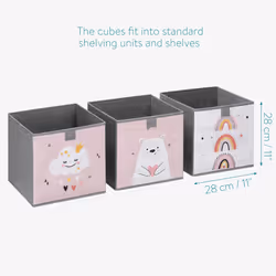 Kids Storage Cubes (Set of 3) - Storage Boxes 28x28x28 cm - Children's Organiser Cube Box Set for Toys, Bedroom - Cute Designs, Pink/White