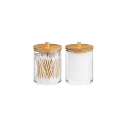 Cotton Bud Holders - 2 Stackable Clear Plastic Jars with Bamboo Lids - Storage Containers for Cotton Pads, Hair Ties, Small Makeup Accessories