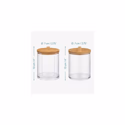 Cotton Bud Holders - 2 Stackable Clear Plastic Jars with Bamboo Lids - Storage Containers for Cotton Pads, Hair Ties, Small Makeup Accessories