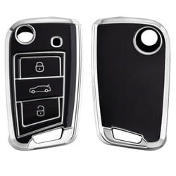 Key Cover Compatible with VW Golf 7 MK7 3 Button Car Key - Car Key Fob Case Protector - Black/Silver