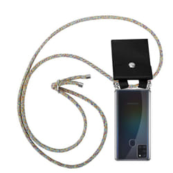 Cadorabo Lanyard Silver Necklace Case for Samsung Galaxy A21s TPU Silicone Cover Back Case - RAINBOW