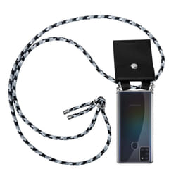 Cadorabo Lanyard Silver Necklace Case for Samsung Galaxy A21s TPU Silicone Cover Back Case - BLACK CAMOUFLAGE, Samsung Galaxy A21s