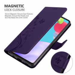 Cadorabo Flower Case for Samsung Galaxy A52 (4G / 5G) / A52s Cover Book Wallet Protection PU Leather Flip Magnetic Etui - FLORAL DARK PURPLE