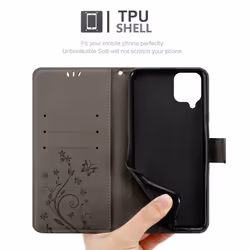 Cadorabo Flower Case for Samsung Galaxy A12 / M12 Cover Book Wallet Protection PU Leather Flip Magnetic Etui - FLORAL GREY