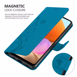 Cadorabo Flower Case for Samsung Galaxy A32 4G Cover Book Wallet Protection PU Leather Flip Etui magnetic closure - FLORAL BLUE