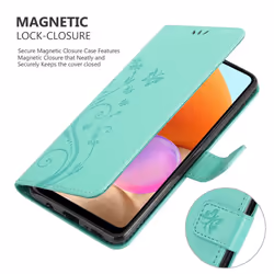 Cadorabo Flower Case for Samsung Galaxy A32 4G Cover Book Wallet Protection PU Leather Flip Etui magnetic closure - FLORAL TURQUOISE