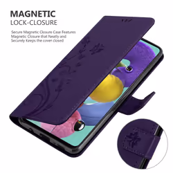 Cadorabo Flower Case for Samsung Galaxy A51 5G Cover Book Wallet Protection PU Leather Flip Etui magnetic closure - FLORAL DARK PURPLE
