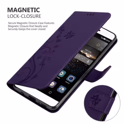 Cadorabo Flower Case for Huawei P8 Cover Book Wallet Protection PU Leather Flip Etui magnetic closure - FLORAL DARK PURPLE