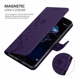 Cadorabo Flower Case for Huawei P10 PLUS Cover Book Wallet Protection PU Leather Flip Etui magnetic closure - FLORAL DARK PURPLE