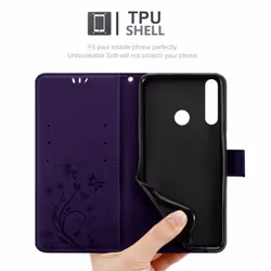 Cadorabo Flower Case for Huawei Y6P Cover Book Wallet Protection PU Leather Flip Etui magnetic closure - FLORAL DARK PURPLE