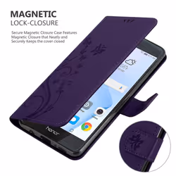 Cadorabo Flower Case for Honor 8 / 8 PREMIUM Cover Book Wallet Protection PU Leather Flip Etui magnetic closure - FLORAL DARK PURPLE