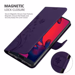 Cadorabo Flower Case for Huawei P20 PRO / P20 PLUS Cover Book Wallet Protection PU Leather Flip Etui magnetic closure standing function card - Purple