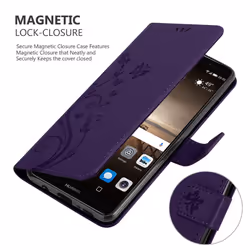 Cadorabo Flower Case for Huawei MATE 9 Cover Book Wallet Protection PU Leather Flip Etui magnetic closure standing function card slots - Purple