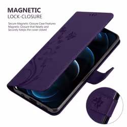 Cadorabo Flower Case for Apple iPhone 13 PRO Cover Book Wallet Protection PU Leather Flip Etui magnetic closure standing function card slots - Purple